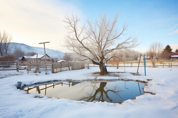 frozen pond next to snowed-in orchard