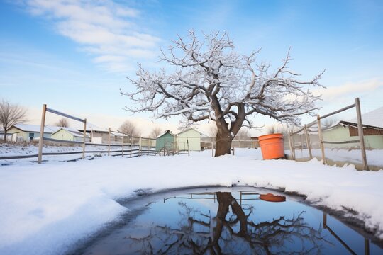 frozen pond next to snowed-in orchard
