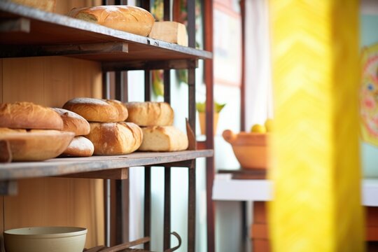 fresh baked bread loaves piling on a wooden stall shelf