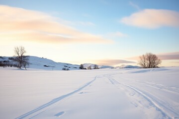 Fototapeta na wymiar serene snow path with distant hill silhouettes