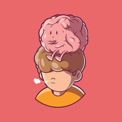 Brain character seated on top of a person's head vector illustration: intelligence, stress design concept.
