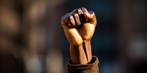 Woman, Close-up of a raised fist of an African person at a demonstration against racism.Black Lives Matters copy space  - obrazy, fototapety, plakaty