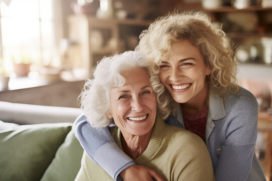 Joyful senior Caucasian mother and curly-haired daughter embracing, sharing genuine smiles in a cozy home environment.