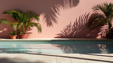 Tropical summer background with empty concrete wall. Pool water and palm leaf shadow on wall.
