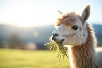 alpaca chewing calmly, sunlit hill in background