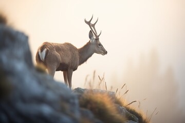 ibex on foggy mountain slopes at dawn