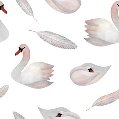 Watercolor swan and feather seamless pattern Delicate ornament with pastel colored birds and quills Cute print for wallpaper textile wrapping paper clothes baby decoration fabric White background © Daria Legotina