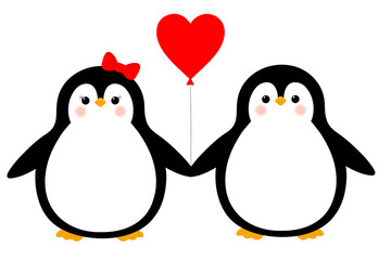 Fototapeta premium Cute cartoon pair of penguins in love isolated on white background. Valentine card. 