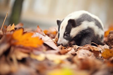 badger snuffling around colorful autumn leaves by its burrow