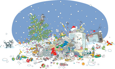Naklejka premium Green fir tree decorated with toys, balls and garlands among home rubbish and empty wine bottles on snow after merry and noisy winter holidays, vector cartoon illustration