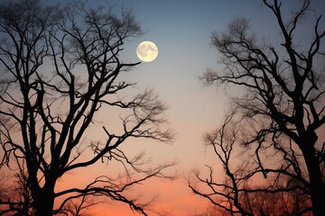 reddish moon in dark sky over silhouette of trees