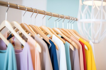 trendy boutique tops arranged by color on hangers
