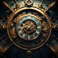 Fototapeta na wymiar Abstract representation of time with clock gears and hourglasses.