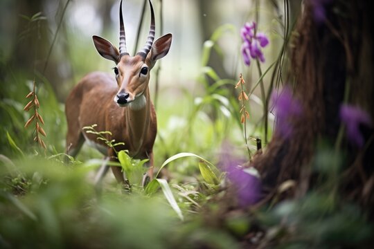 bushbuck moving stealthily past wild orchids