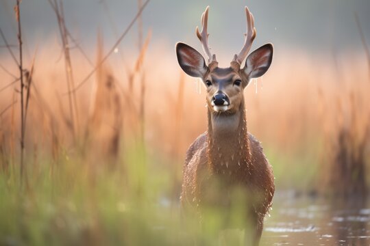 dew-covered bushbuck in the early morning light