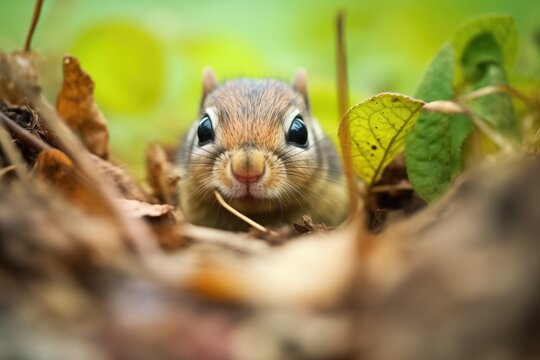 Chipmunk Emerging From Burrow With Mouth Full Of Leaves