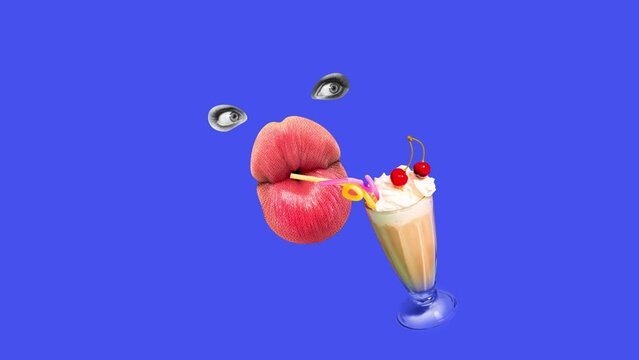 Big Eyes And Giant Female Mouth Sipping Sweet Cocktail With Whipped Cream And Cherry On Blue Background. Stop Motion, Animation. Concept Of Food, Taste, Surrealism, Creativity. Pop Art. Poster, Ad