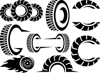 Tires logo set, Set of tire shop logo template. Car wheel icon set. great set collection clip art Silhouette, Black vector illustration on white background. - obrazy, fototapety, plakaty