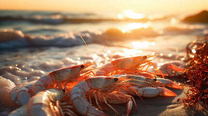 A shrimp in the sunlight climbs into the water, generative AI - obrazy, fototapety, plakaty