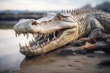 Zelfklevend Fotobehang crocodile with open jaw near waters edge © stickerside