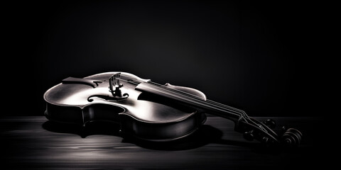 Classic violin and bow on black background space for text, Beautiful violin and bow on table closeup black and white tone, violins in black velvet, generative AI
