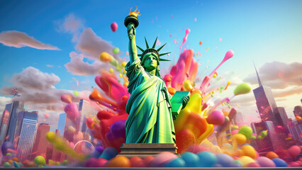 Photo of the Statue of Liberty on the background of the city of New York and colorful splashes.
