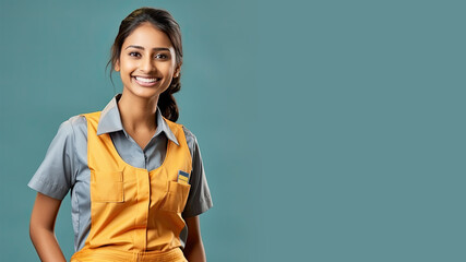 Indian woman in retail worker uniform smile isolated on pastel background - obrazy, fototapety, plakaty