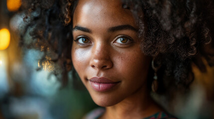 Everyday people. Portrait of a Young African American Woman with Captivating Eyes. Beautiful woman. Shallow depth of field. Wearing earrings.