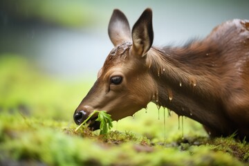 elk munching on fresh spring greens after rain - obrazy, fototapety, plakaty