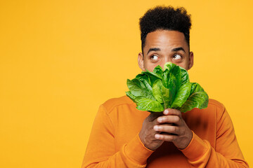 Young man wear casual clothes cover mouth with bunch of fresh greens lettuce leaves look aside on...