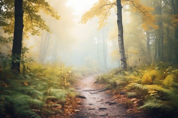 misty trail leading into dense woodland