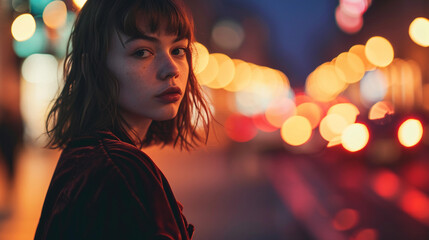 Fototapeta premium Dreamy portrait in an urban setting at twilight, soft city lights in the distance, subject in a vintage-inspired velvet jacket