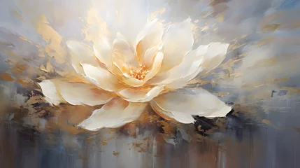 Foto op Canvas Abstract oil painting art. Flower and leaves painting. Elegant White, golden and silver. wallpapers, banners, posters, cards, murals, rugs, wall hanging paintings. generative ai  © Nusrat_j_VectorArt