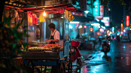 street vendor at night, colorful food cart, lively urban setting