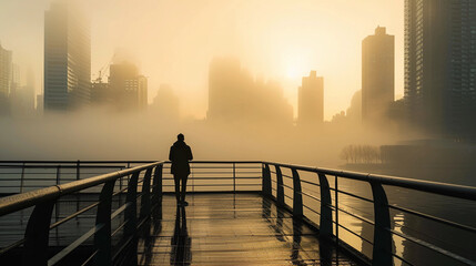 Individual on a bridge overlooking a foggy cityscape, dawn, backlit, contemplative mood