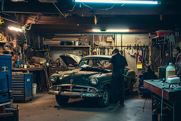 Mechanic working in a garage, vintage cars, tools in hand, greasy overalls