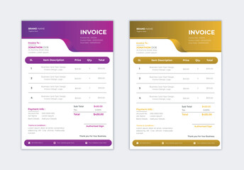 Corporate Business Invoice design template.
Bill form price invoice vector illustration.
Creative invoice template with A4 size,
Modern invoices with 2 color sets.