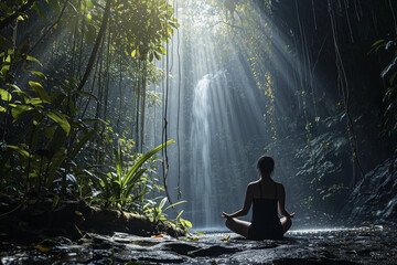 Person in a meditative pose under a waterfall, natural light filtered through the forest canopy - obrazy, fototapety, plakaty
