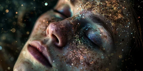 Fototapeten Portrait in a dream state, face partially merging with the milky way galaxy, stars glittering across the skin © Marco Attano