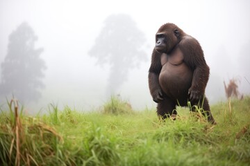 lone gorilla standing in mist-covered clearing