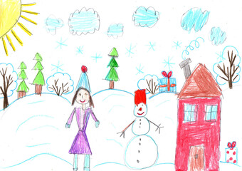 Child drawing. Children play with snow outside christmas tree.Vacation, holiday, New year, Christmas