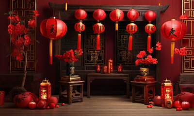 Fototapeta na wymiar serene and festive Chinese New Year background with traditional decorations