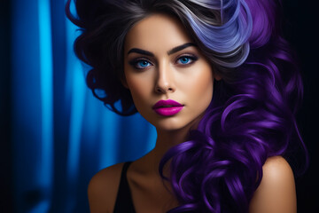 Woman with long purple hair and purple lip color is shown.