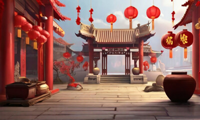 serene and festive Chinese New Year background with traditional decorations - obrazy, fototapety, plakaty