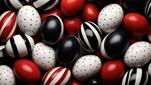 Photo of Easter eggs in a vessel with beautiful and unusual pattern lines. Black, white and red colors. Beauty.
