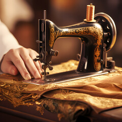 Close-up of a tailor sewing fabric with vintage sewing machine.