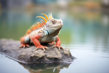 iguana perched on a rock near water