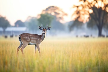 lone impala grazing in savannah at sunrise