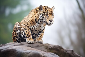 a jaguar perched on a rocky outcrop overlooking the forest