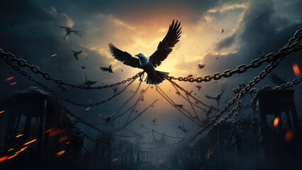 A dove in the midst of war and battle in chains and fire.